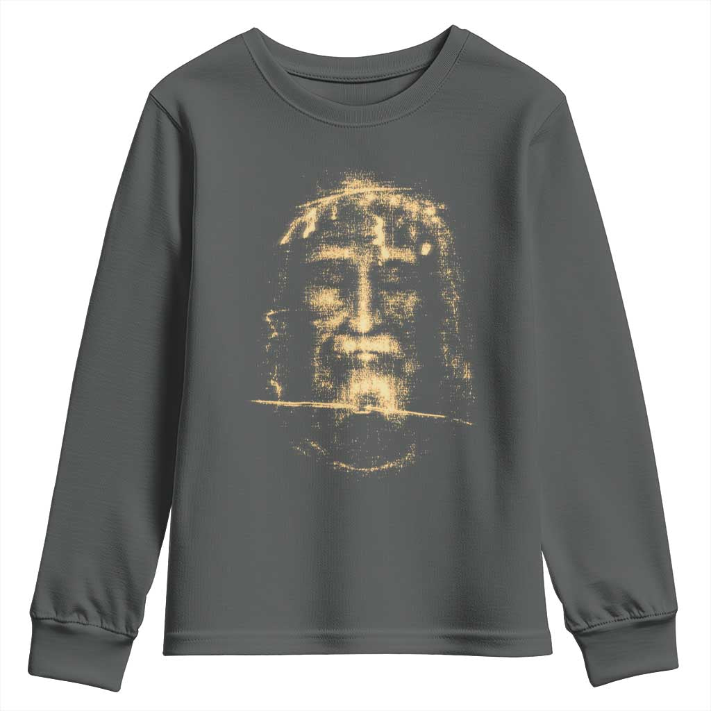 Shroud Of Turin Jesus Youth Sweatshirt Jesus Christ Face Religious Catholic Christian Faith TS10 Dark Heather Print Your Wear