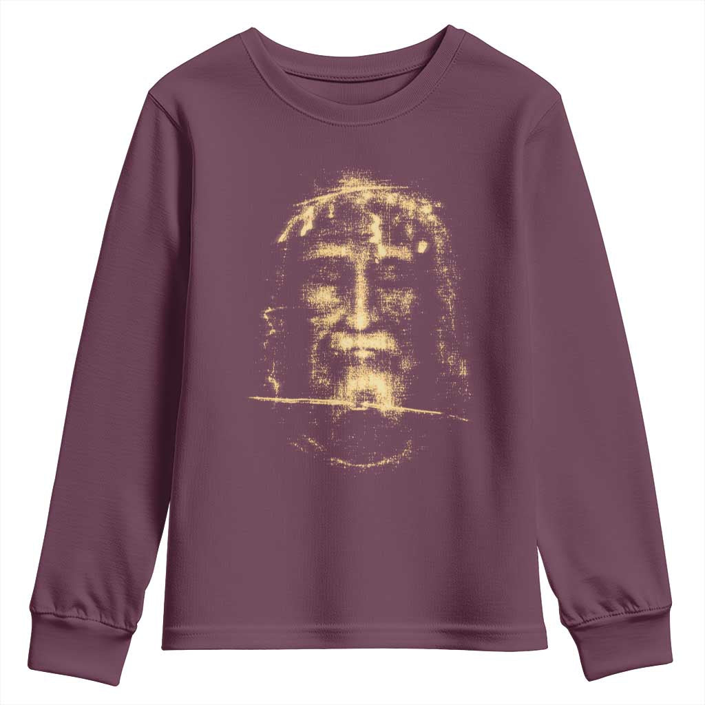 Shroud Of Turin Jesus Youth Sweatshirt Jesus Christ Face Religious Catholic Christian Faith TS10 Maroon Print Your Wear