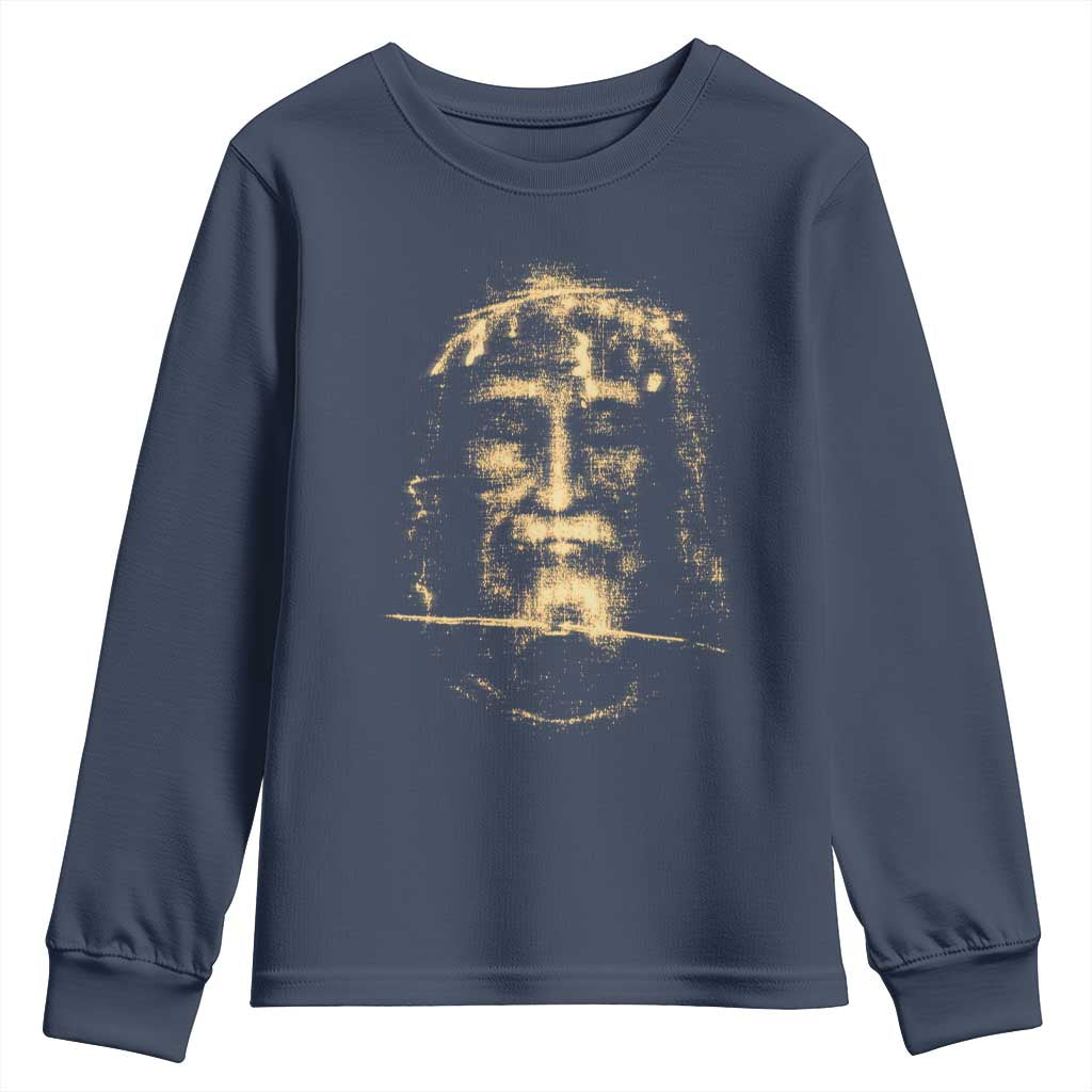 Shroud Of Turin Jesus Youth Sweatshirt Jesus Christ Face Religious Catholic Christian Faith TS10 Navy Print Your Wear