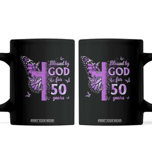 50th Birthday Gifts For Her Coffee Mug Blessed By God For 50 Years Christian Butterfly Cross TS10 Black Print Your Wear