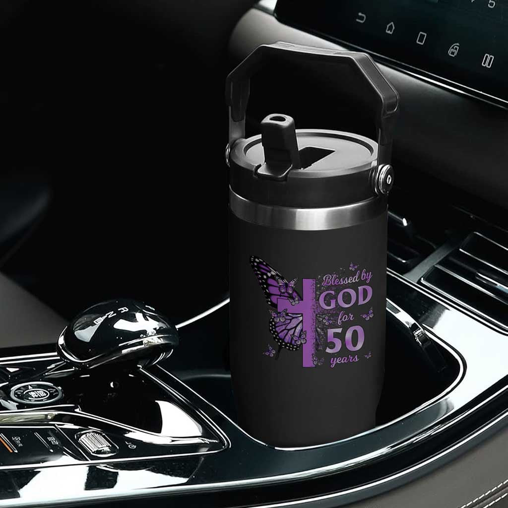 50th Birthday Gifts For Her Flip Straw Tumbler Blessed By God For 50 Years Christian Butterfly Cross TS10 Print Your Wear