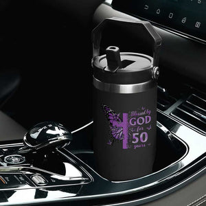 50th Birthday Gifts For Her Flip Straw Tumbler Blessed By God For 50 Years Christian Butterfly Cross TS10 Print Your Wear