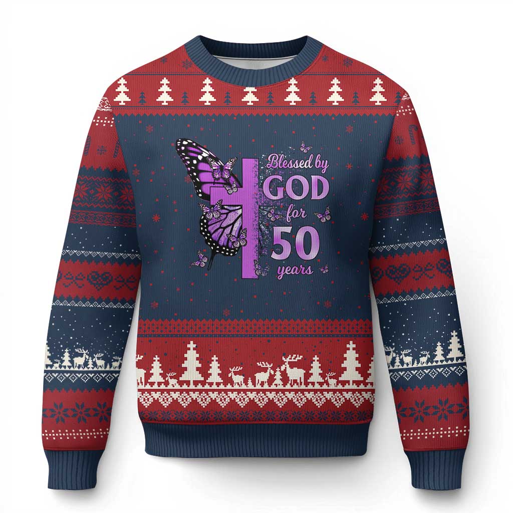 50th Birthday Gifts For Her Ugly Christmas Sweater Blessed By God For 50 Years Christian Butterfly Cross TS10 Navy Red Print Your Wear