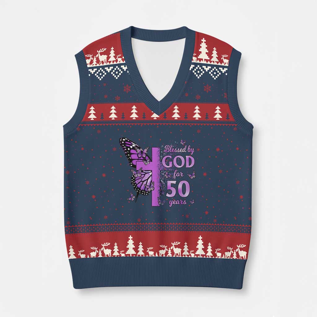 50th Birthday Gifts For Her V-Neck Knit Sweater Vest Blessed By God For 50 Years Christian Butterfly Cross TS10 Navy Red Print Your Wear