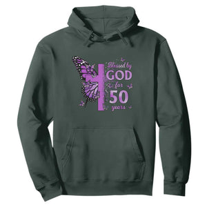 50th Birthday Gifts For Her Hoodie Blessed By God For 50 Years Christian Butterfly Cross TS10 Dark Forest Green Print Your Wear