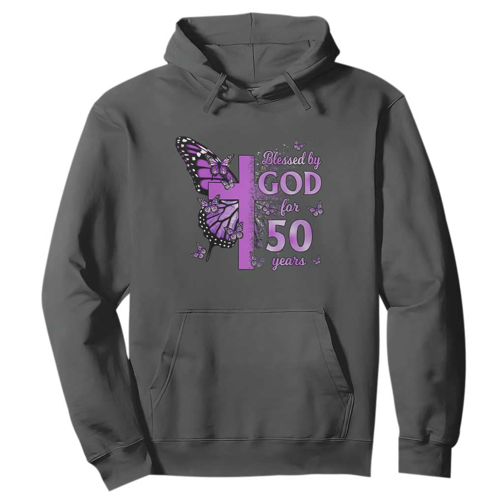 50th Birthday Gifts For Her Hoodie Blessed By God For 50 Years Christian Butterfly Cross TS10 Dark Heather Print Your Wear