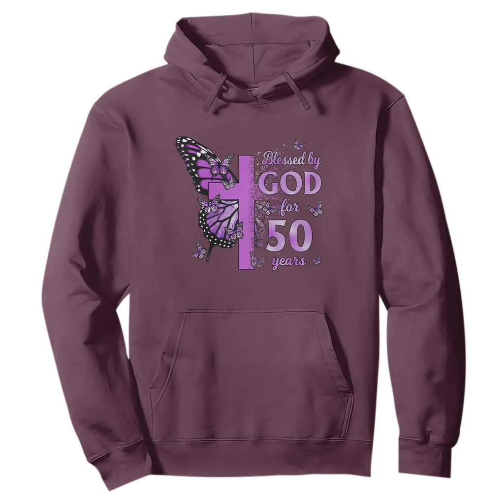 50th Birthday Gifts For Her Hoodie Blessed By God For 50 Years Christian Butterfly Cross TS10 Maroon Print Your Wear