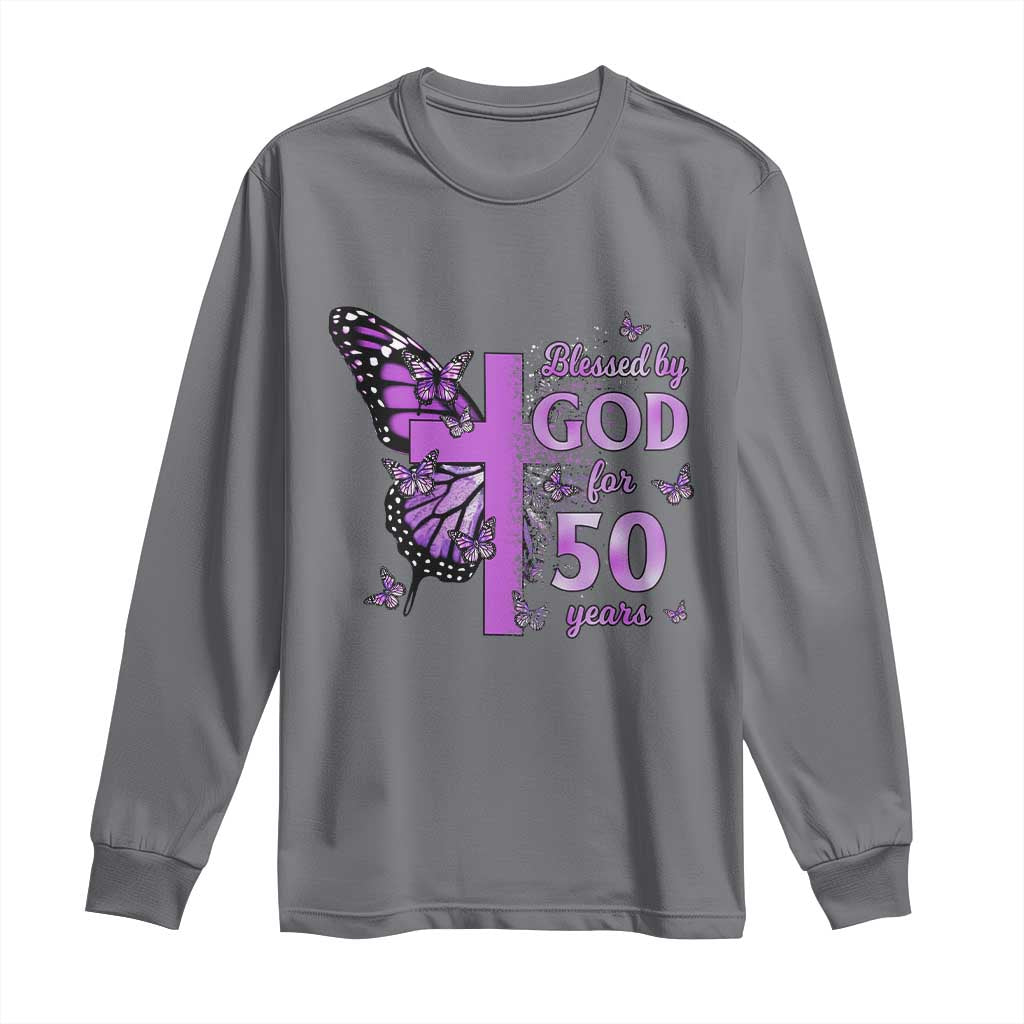 50th Birthday Gifts For Her Long Sleeve Shirt Blessed By God For 50 Years Christian Butterfly Cross TS10 Charcoal Print Your Wear