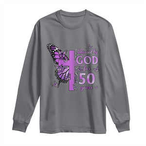 50th Birthday Gifts For Her Long Sleeve Shirt Blessed By God For 50 Years Christian Butterfly Cross TS10 Charcoal Print Your Wear