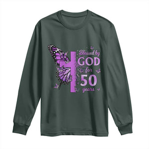 50th Birthday Gifts For Her Long Sleeve Shirt Blessed By God For 50 Years Christian Butterfly Cross TS10 Dark Forest Green Print Your Wear