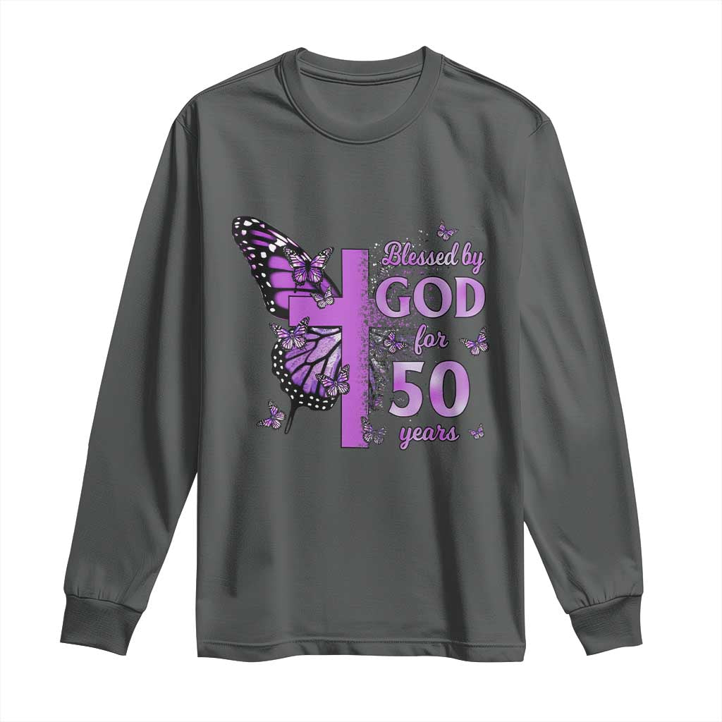 50th Birthday Gifts For Her Long Sleeve Shirt Blessed By God For 50 Years Christian Butterfly Cross TS10 Dark Heather Print Your Wear