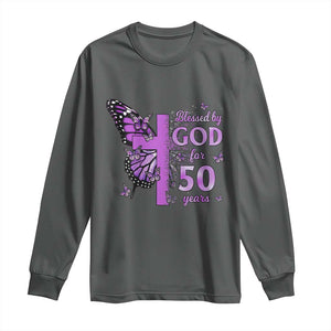 50th Birthday Gifts For Her Long Sleeve Shirt Blessed By God For 50 Years Christian Butterfly Cross TS10 Dark Heather Print Your Wear