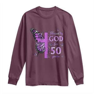 50th Birthday Gifts For Her Long Sleeve Shirt Blessed By God For 50 Years Christian Butterfly Cross TS10 Maroon Print Your Wear