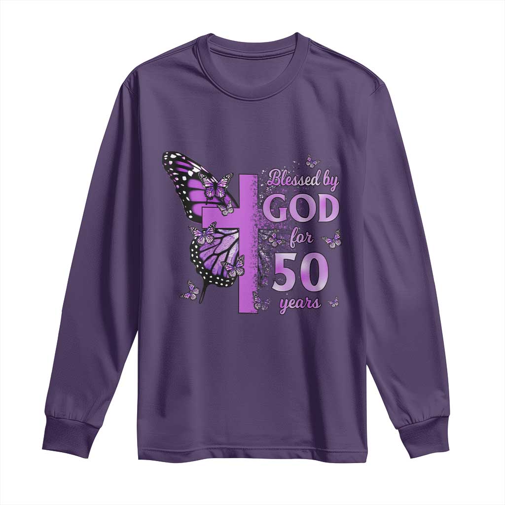 50th Birthday Gifts For Her Long Sleeve Shirt Blessed By God For 50 Years Christian Butterfly Cross TS10 Purple Print Your Wear