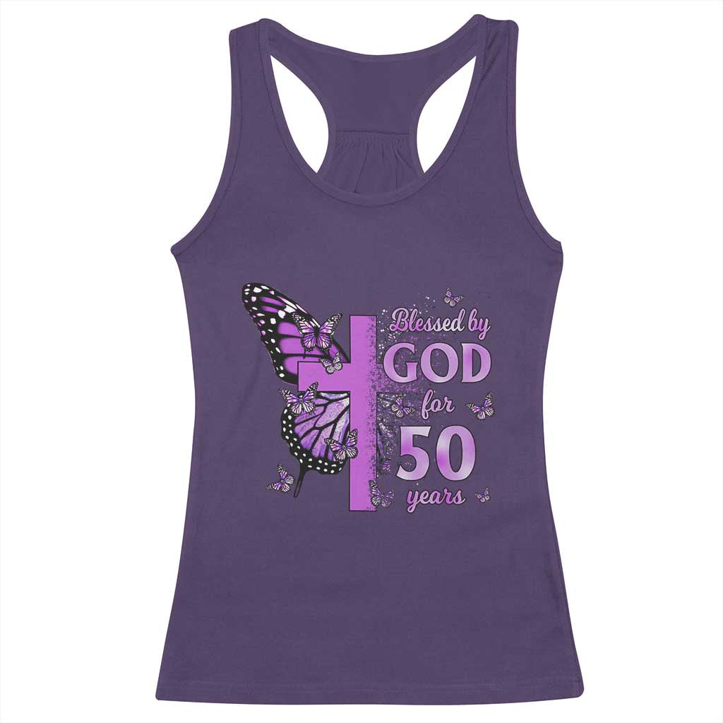 50th Birthday Gifts For Her Racerback Tank Top Blessed By God For 50 Years Christian Butterfly Cross TS10 Purple Print Your Wear