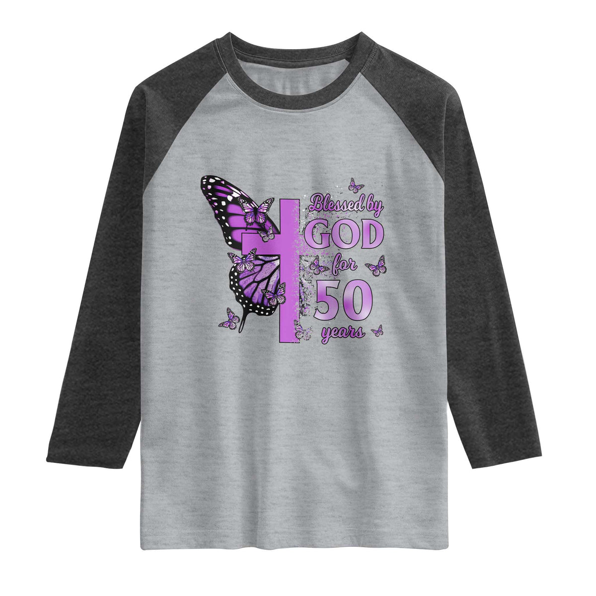 50th Birthday Gifts For Her Raglan Shirt Blessed By God For 50 Years Christian Butterfly Cross TS10 Heather Gray Heather Charcoal Print Your Wear