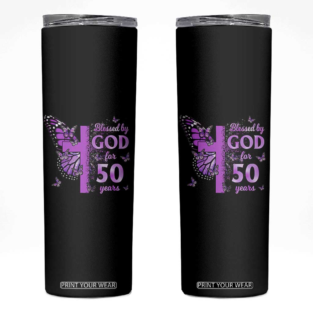 50th Birthday Gifts For Her Skinny Tumbler Blessed By God For 50 Years Christian Butterfly Cross TS10 Black Print Your Wear