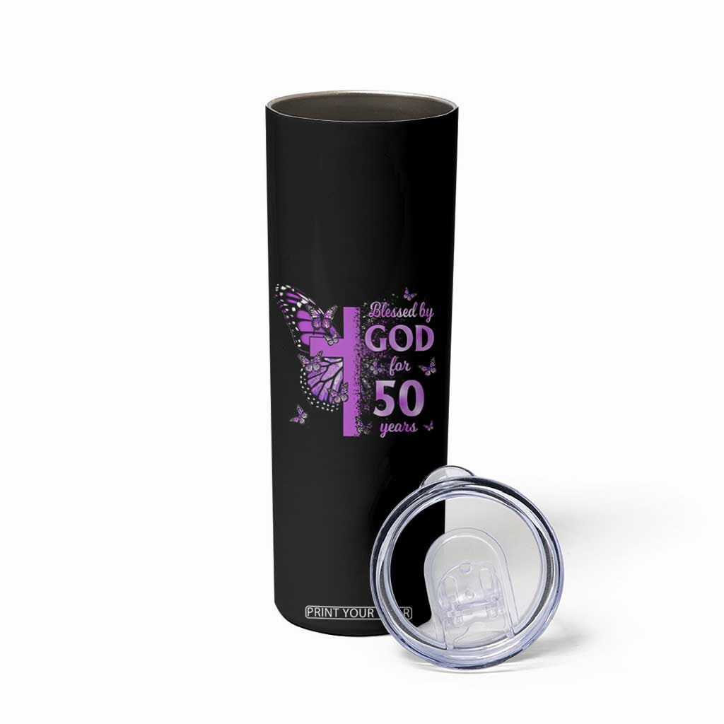50th Birthday Gifts For Her Skinny Tumbler Blessed By God For 50 Years Christian Butterfly Cross TS10 Print Your Wear