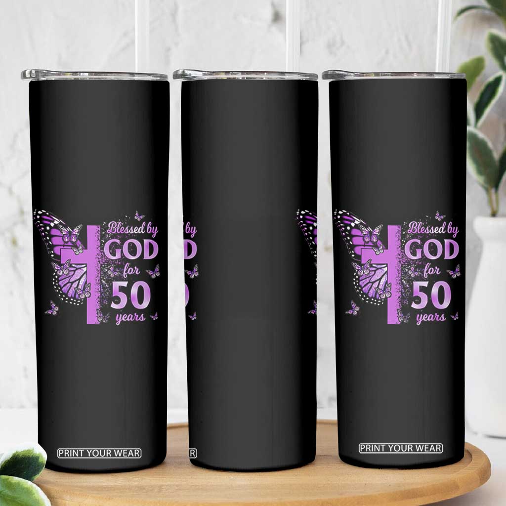50th Birthday Gifts For Her Skinny Tumbler Blessed By God For 50 Years Christian Butterfly Cross TS10 Print Your Wear