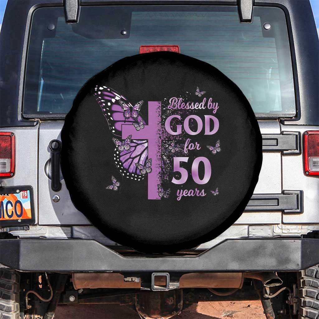 50th Birthday Gifts For Her Spare Tire Cover Blessed By God For 50 Years Christian Butterfly Cross TS10 No hole Black Print Your Wear