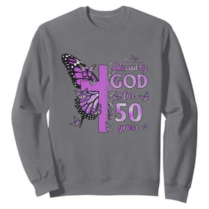 50th Birthday Gifts For Her Sweatshirt Blessed By God For 50 Years Christian Butterfly Cross TS10 Charcoal Print Your Wear