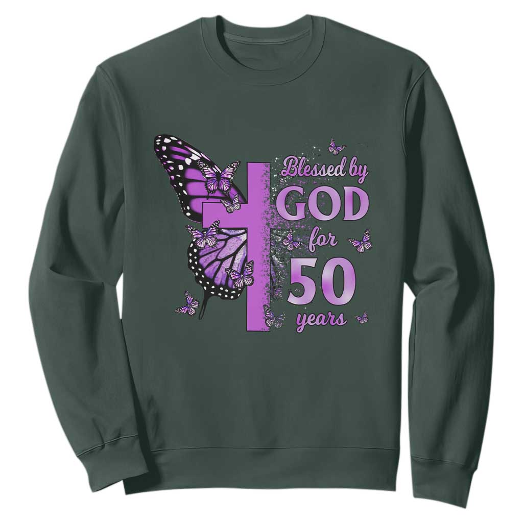 50th Birthday Gifts For Her Sweatshirt Blessed By God For 50 Years Christian Butterfly Cross TS10 Dark Forest Green Print Your Wear