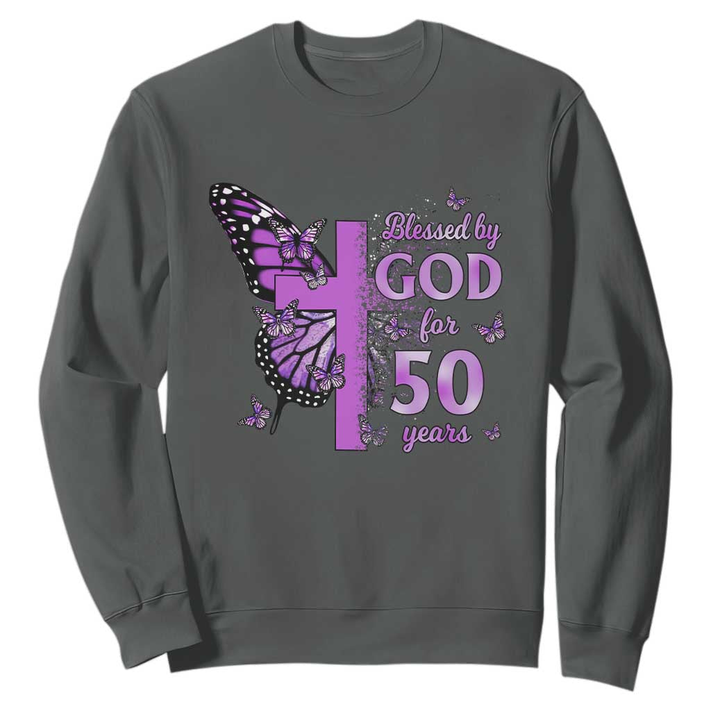 50th Birthday Gifts For Her Sweatshirt Blessed By God For 50 Years Christian Butterfly Cross TS10 Dark Heather Print Your Wear