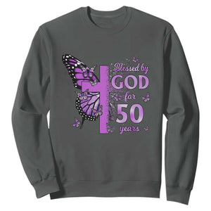 50th Birthday Gifts For Her Sweatshirt Blessed By God For 50 Years Christian Butterfly Cross TS10 Dark Heather Print Your Wear