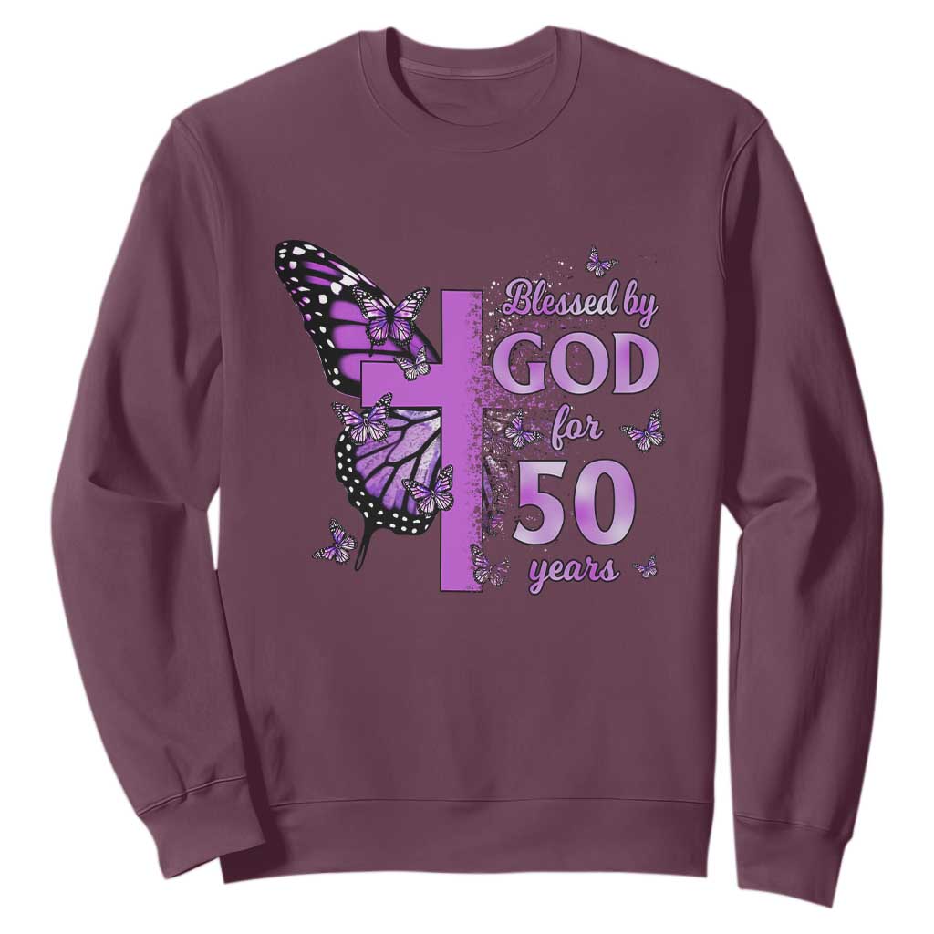 50th Birthday Gifts For Her Sweatshirt Blessed By God For 50 Years Christian Butterfly Cross TS10 Maroon Print Your Wear