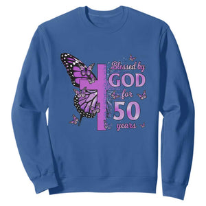 50th Birthday Gifts For Her Sweatshirt Blessed By God For 50 Years Christian Butterfly Cross TS10 Royal Blue Print Your Wear
