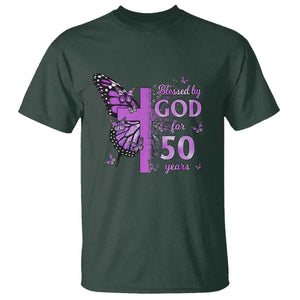 50th Birthday Gifts For Her T Shirt Blessed By God For 50 Years Christian Butterfly Cross TS10 Dark Forest Green Print Your Wear