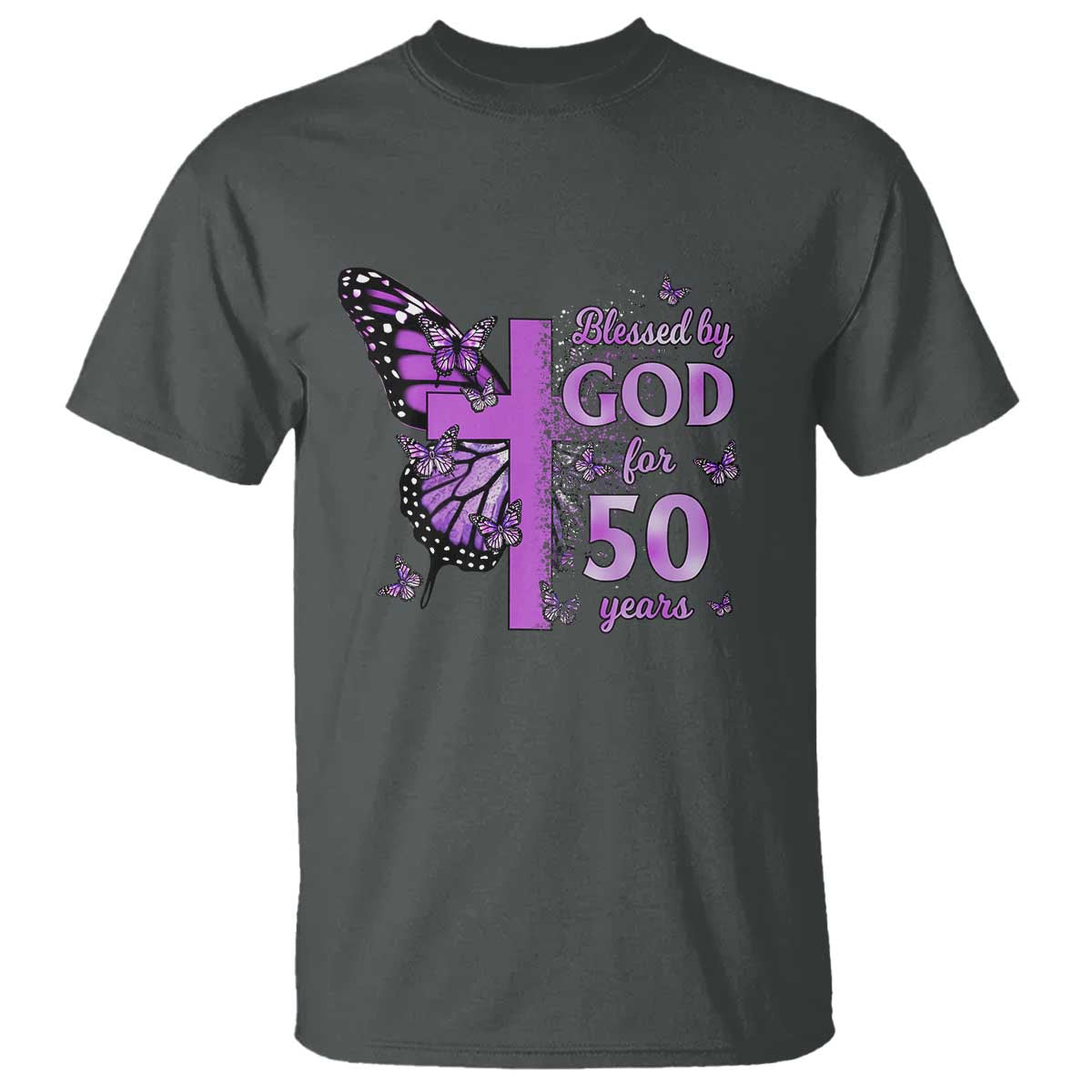 50th Birthday Gifts For Her T Shirt Blessed By God For 50 Years Christian Butterfly Cross TS10 Dark Heather Print Your Wear