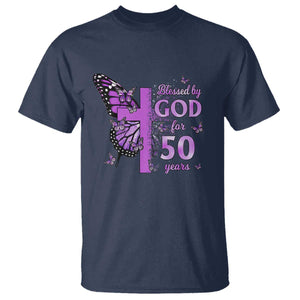 50th Birthday Gifts For Her T Shirt Blessed By God For 50 Years Christian Butterfly Cross TS10 Navy Print Your Wear
