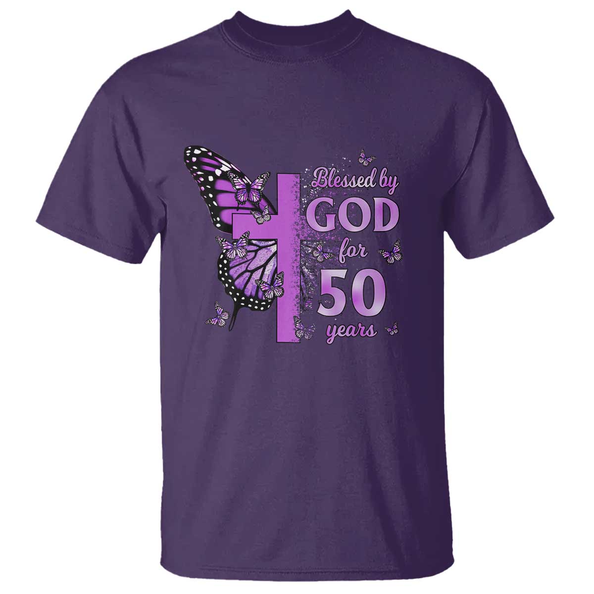 50th Birthday Gifts For Her T Shirt Blessed By God For 50 Years Christian Butterfly Cross TS10 Purple Print Your Wear