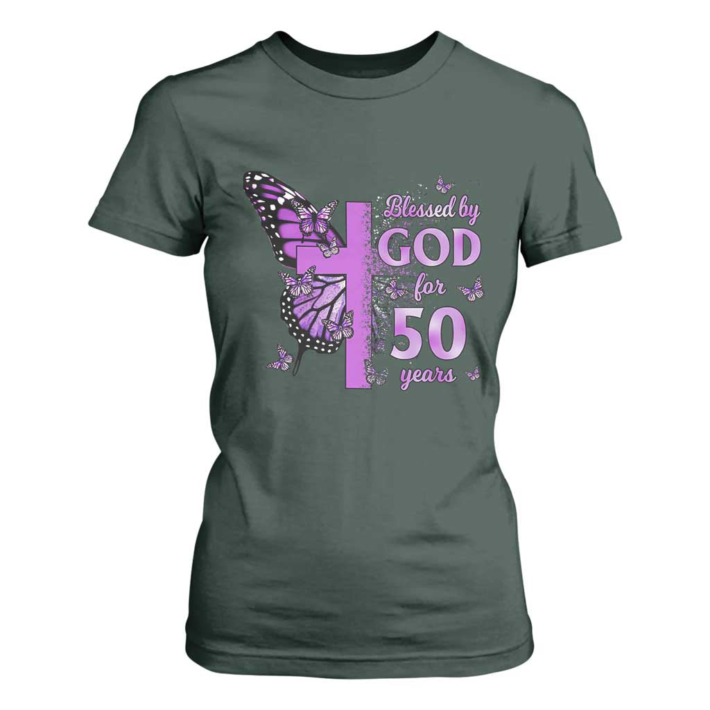 50th Birthday Gifts For Her T Shirt For Women Blessed By God For 50 Years Christian Butterfly Cross TS10 Dark Forest Green Print Your Wear