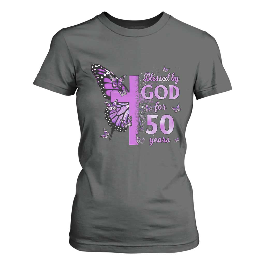 50th Birthday Gifts For Her T Shirt For Women Blessed By God For 50 Years Christian Butterfly Cross TS10 Dark Heather Print Your Wear