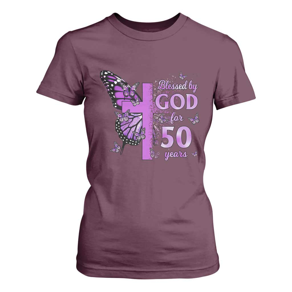 50th Birthday Gifts For Her T Shirt For Women Blessed By God For 50 Years Christian Butterfly Cross TS10 Maroon Print Your Wear