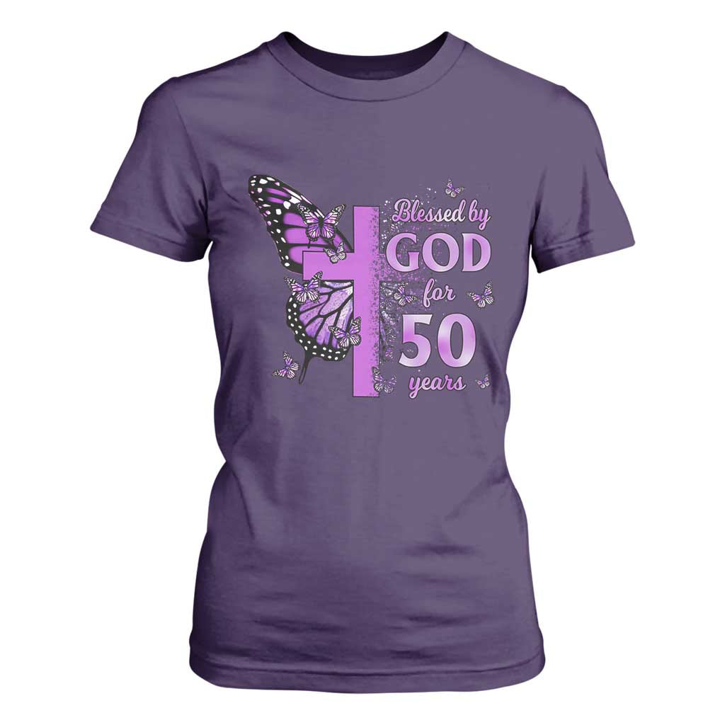 50th Birthday Gifts For Her T Shirt For Women Blessed By God For 50 Years Christian Butterfly Cross TS10 Purple Print Your Wear