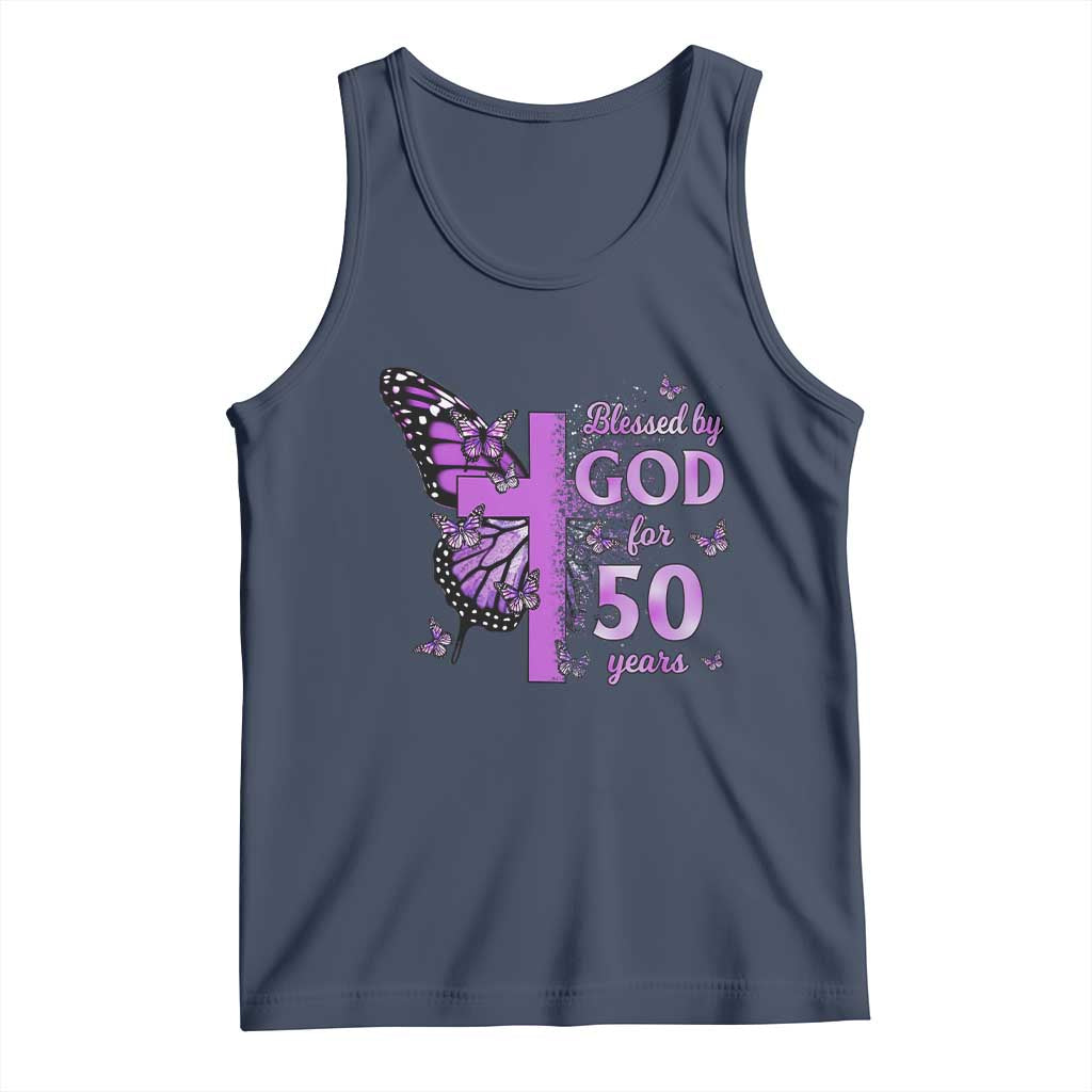 50th Birthday Gifts For Her Tank Top Blessed By God For 50 Years Christian Butterfly Cross TS10 Navy Print Your Wear