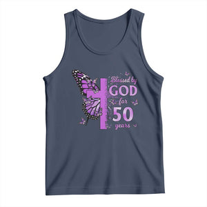 50th Birthday Gifts For Her Tank Top Blessed By God For 50 Years Christian Butterfly Cross TS10 Navy Print Your Wear