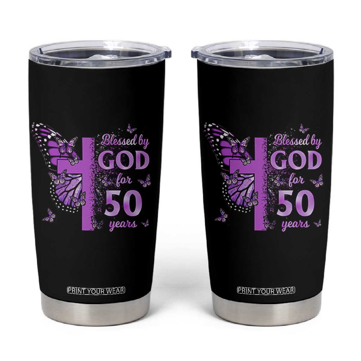 50th Birthday Gifts For Her Tumbler Cup Blessed By God For 50 Years Christian Butterfly Cross TS10 Black Print Your Wear