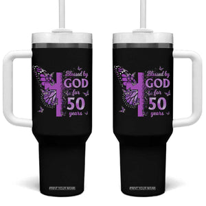 50th Birthday Gifts For Her Tumbler With Handle Blessed By God For 50 Years Christian Butterfly Cross TS10 One Size: 40 oz Black Print Your Wear