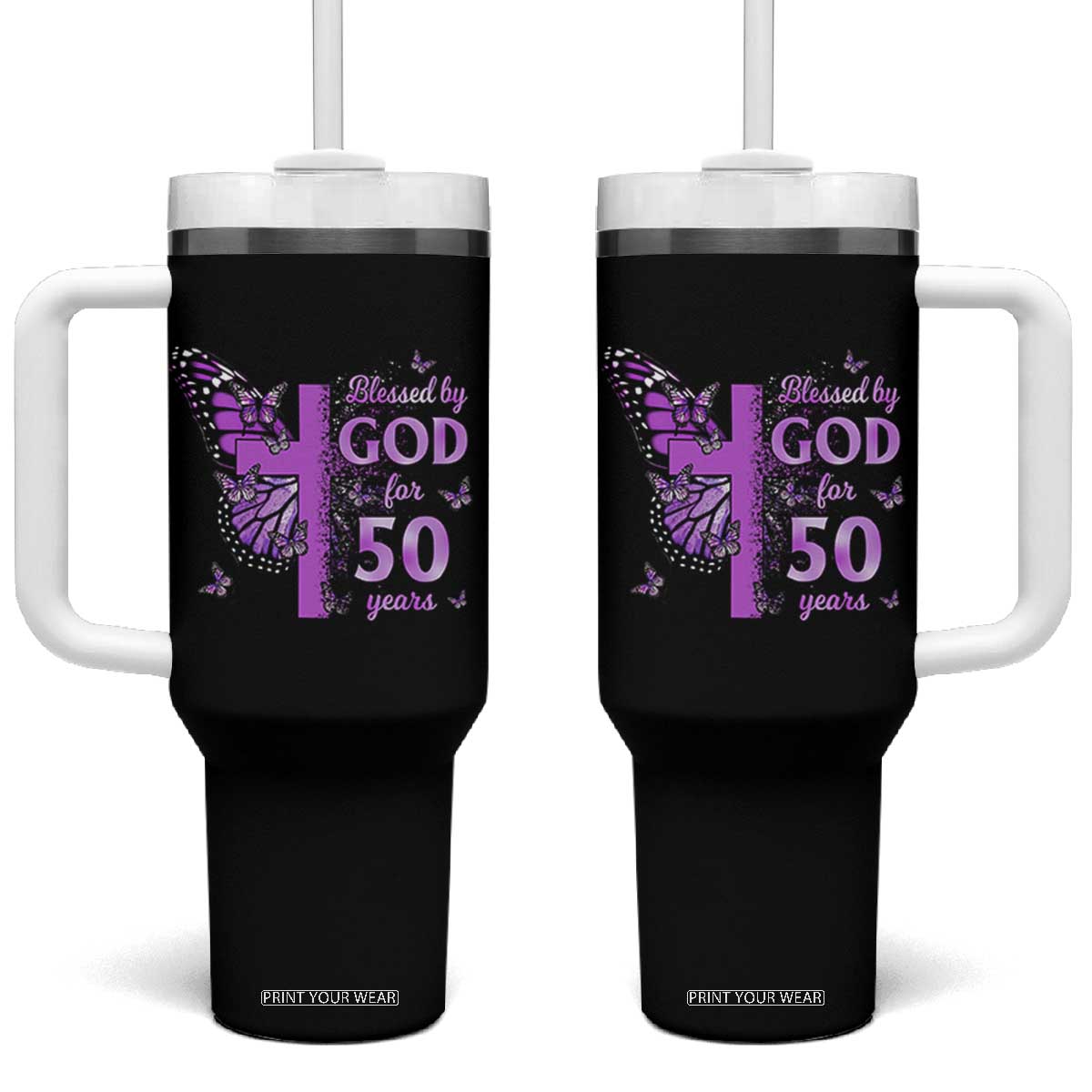 50th Birthday Gifts For Her Tumbler With Handle Blessed By God For 50 Years Christian Butterfly Cross TS10 One Size: 40 oz Black Print Your Wear