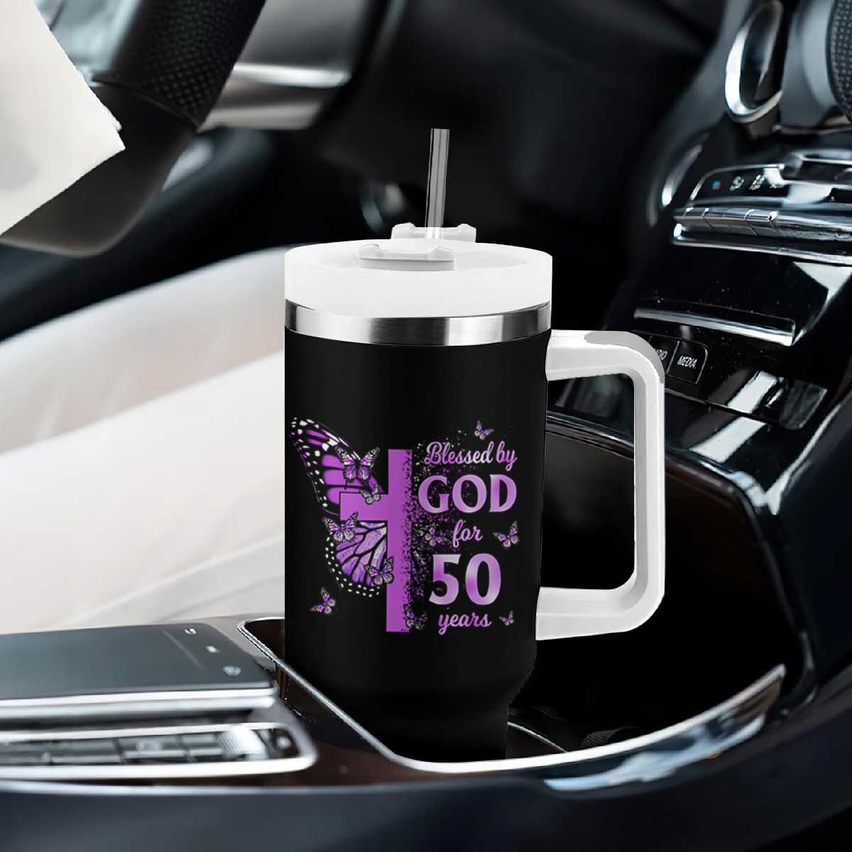 50th Birthday Gifts For Her Tumbler With Handle Blessed By God For 50 Years Christian Butterfly Cross TS10 Print Your Wear