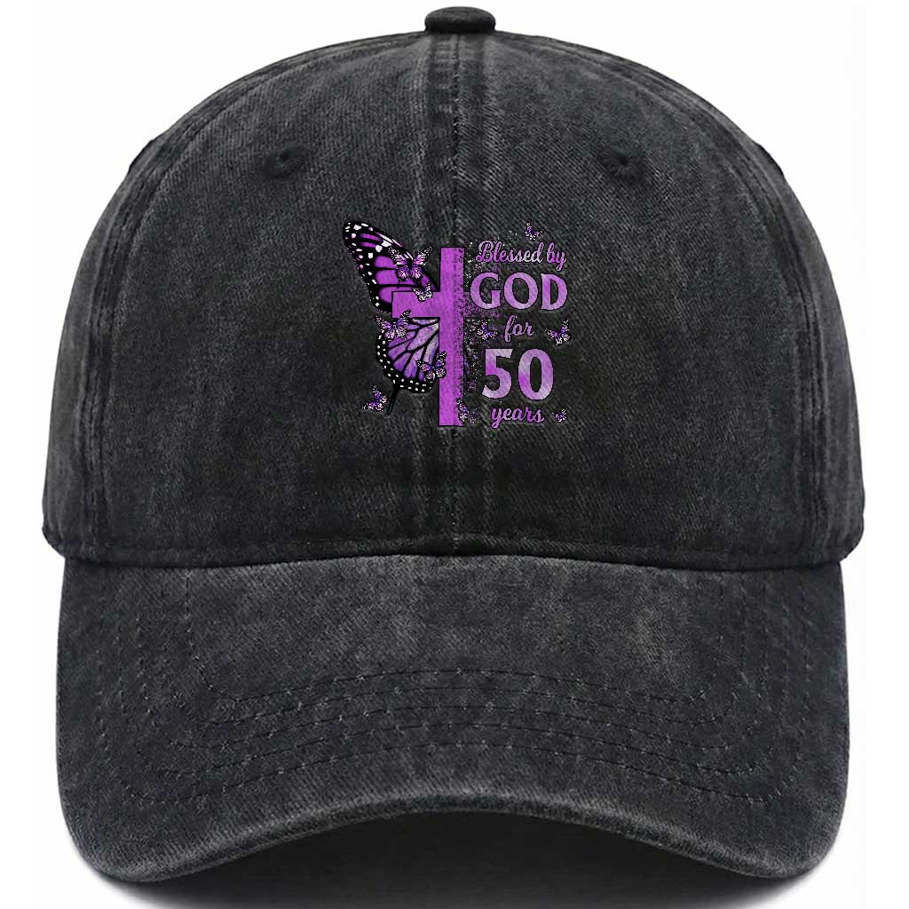 50th Birthday Gifts For Her Washed Cotton Baseball Cap Blessed By God For 50 Years Christian Butterfly Cross TS10 Print Your Wear