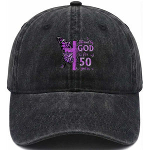 50th Birthday Gifts For Her Washed Cotton Baseball Cap Blessed By God For 50 Years Christian Butterfly Cross TS10 Print Your Wear