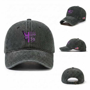50th Birthday Gifts For Her Washed Cotton Baseball Cap Blessed By God For 50 Years Christian Butterfly Cross TS10 Washed Cap Universal Fit Dark Green Print Your Wear
