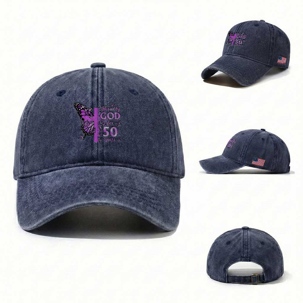 50th Birthday Gifts For Her Washed Cotton Baseball Cap Blessed By God For 50 Years Christian Butterfly Cross TS10 Washed Cap Universal Fit Navy Print Your Wear