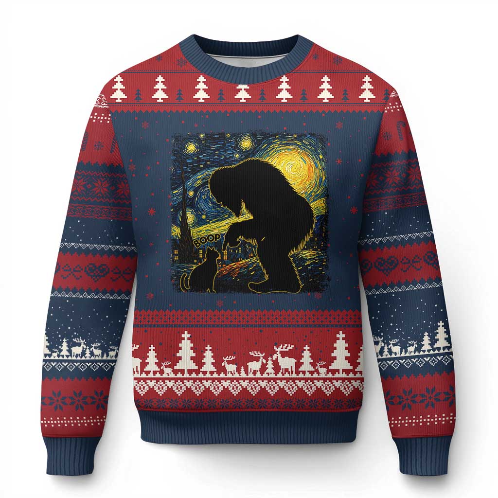 Fun Hand Boop Nose Bigfoot Cat Ugly Christmas Sweater Sasquatch Starry Night Van Gogh TS10 Navy Red Print Your Wear