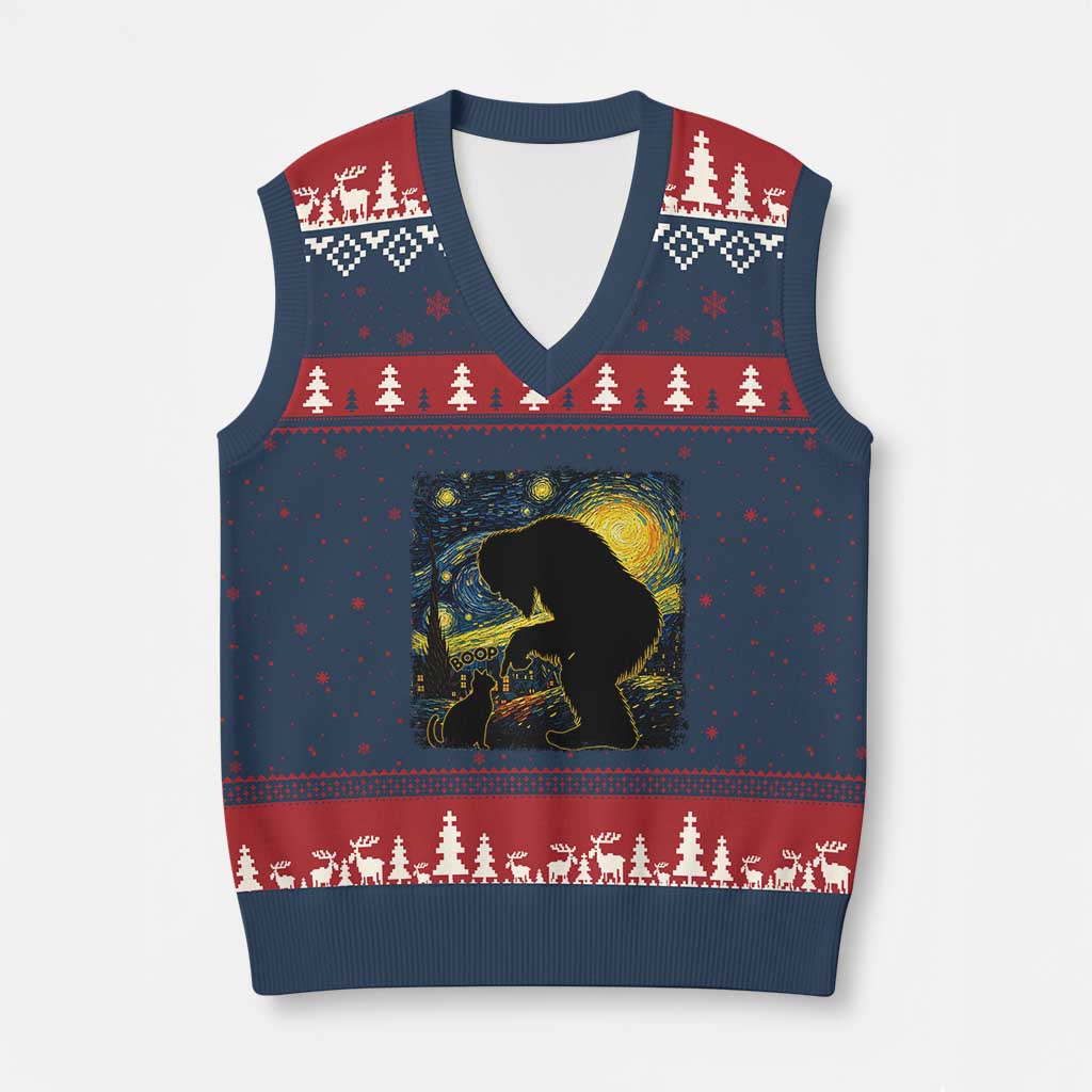 Fun Hand Boop Nose Bigfoot Cat V-Neck Knit Sweater Vest Sasquatch Starry Night Van Gogh TS10 Navy Red Print Your Wear